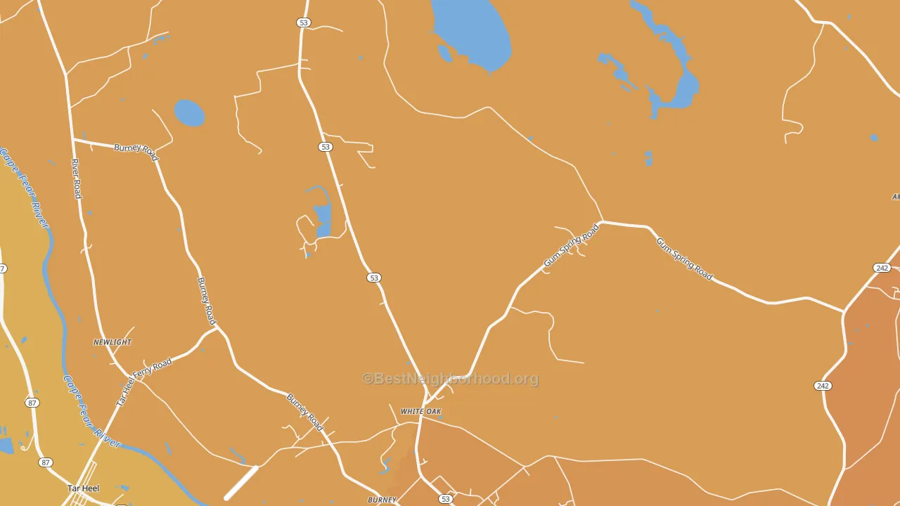 Map of the best neighborhoods in the White Oak area, with better matches in green and worse matches in red