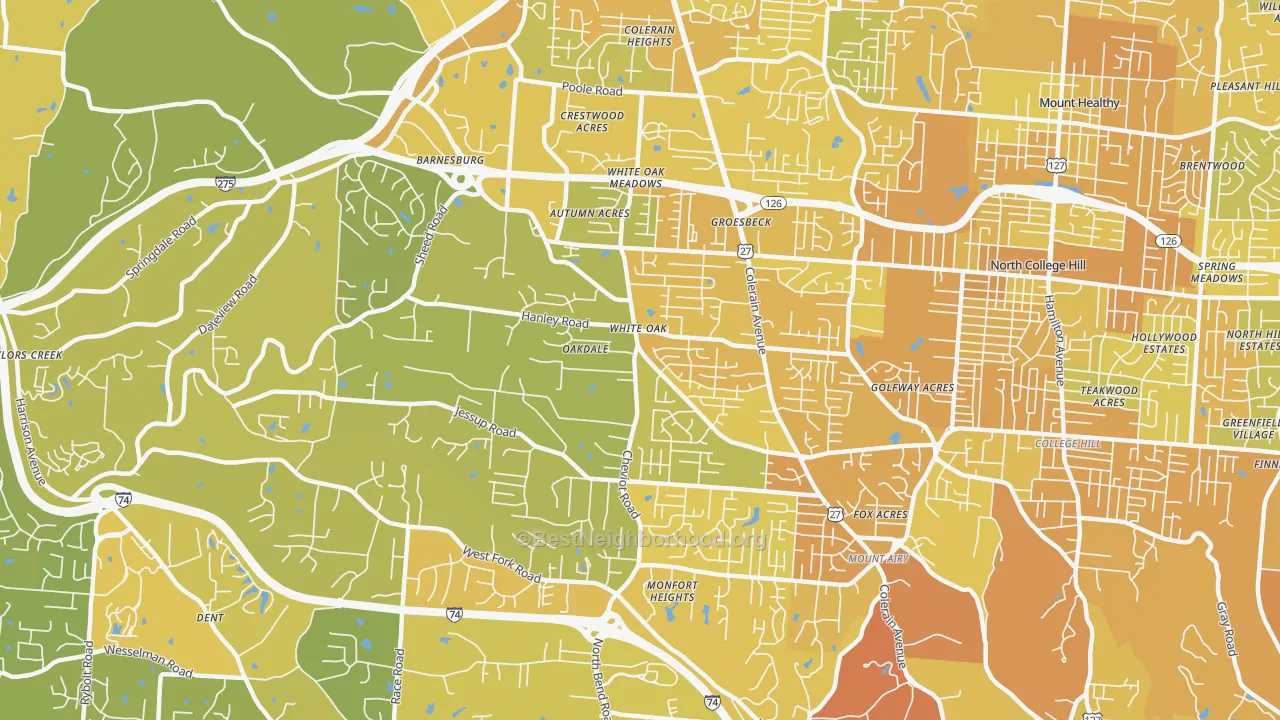 Map of the best neighborhoods in the White Oak area, with better matches in green and worse matches in red
