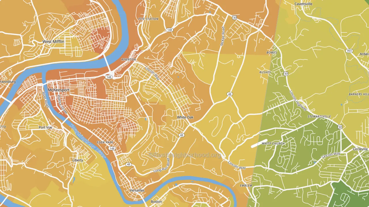 Map of the best neighborhoods in the White Oak area, with better matches in green and worse matches in red