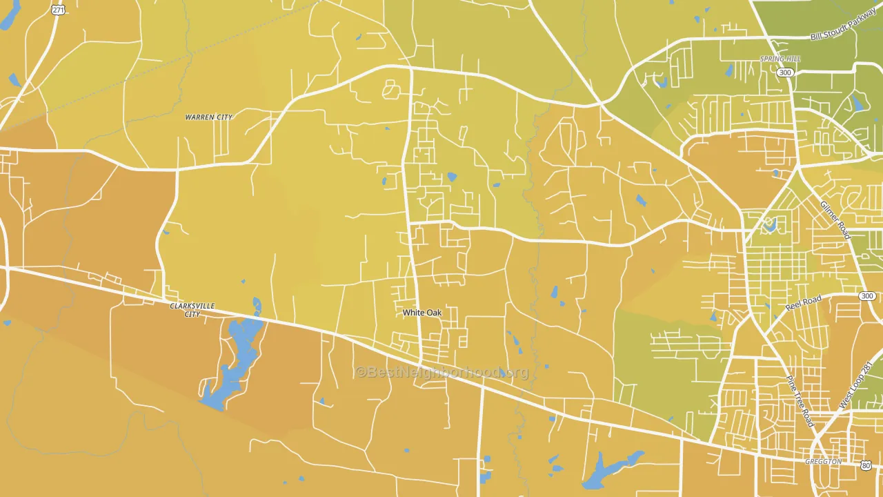 Map of the best neighborhoods in the White Oak area, with better matches in green and worse matches in red
