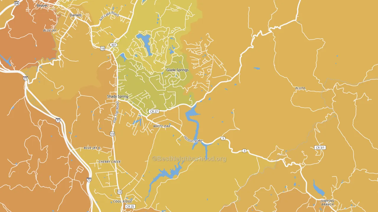 Map of the best neighborhoods in the White Oak area, with better matches in green and worse matches in red