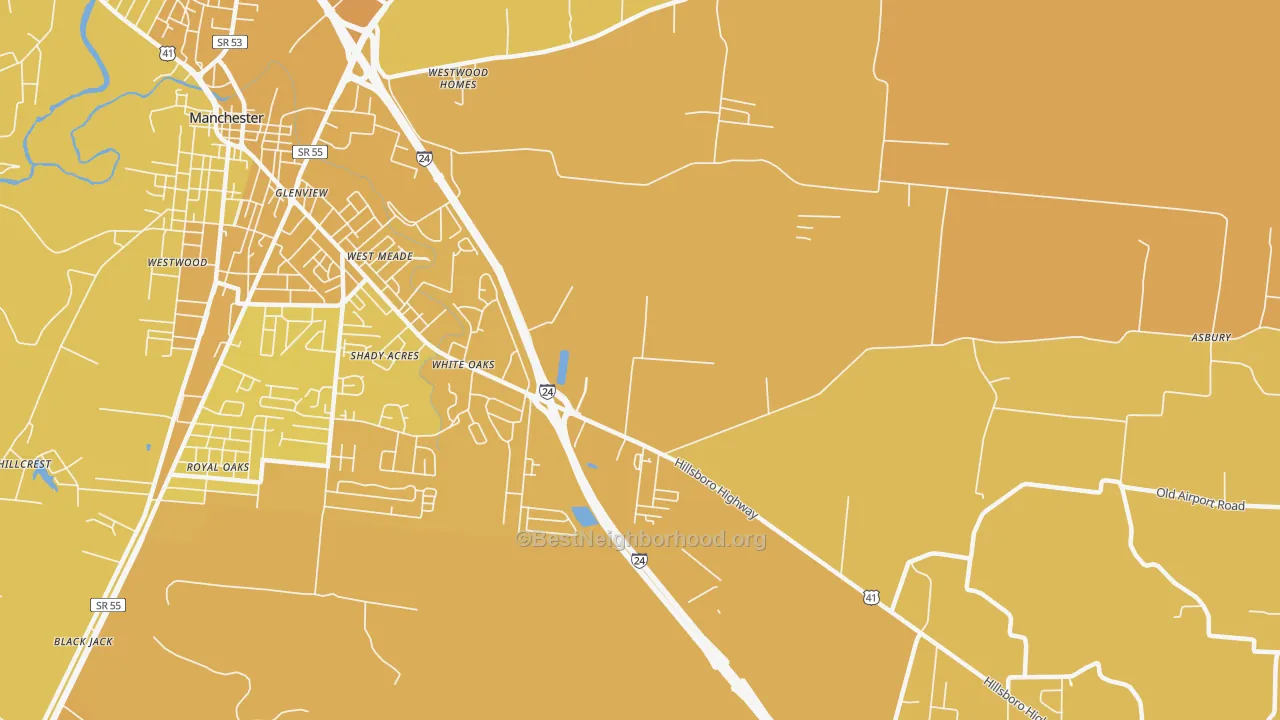 Map of the best neighborhoods in the White Oaks area, with better matches in green and worse matches in red