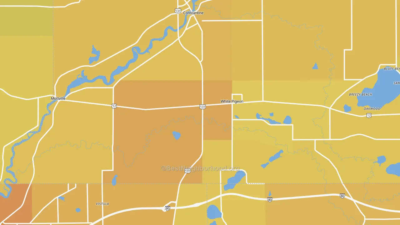 Map of the best neighborhoods in the White Pigeon area, with better matches in green and worse matches in red