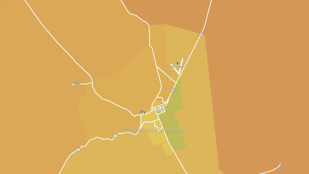 Map of the best neighborhoods in the White Pine County area, with better matches in green and worse matches in red