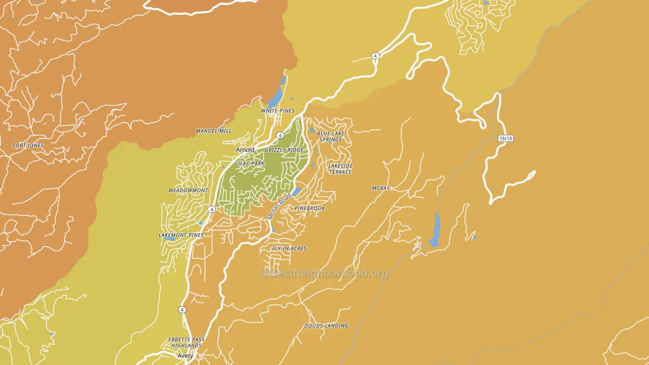 Map of the best neighborhoods in the White Pines area, with better matches in green and worse matches in red