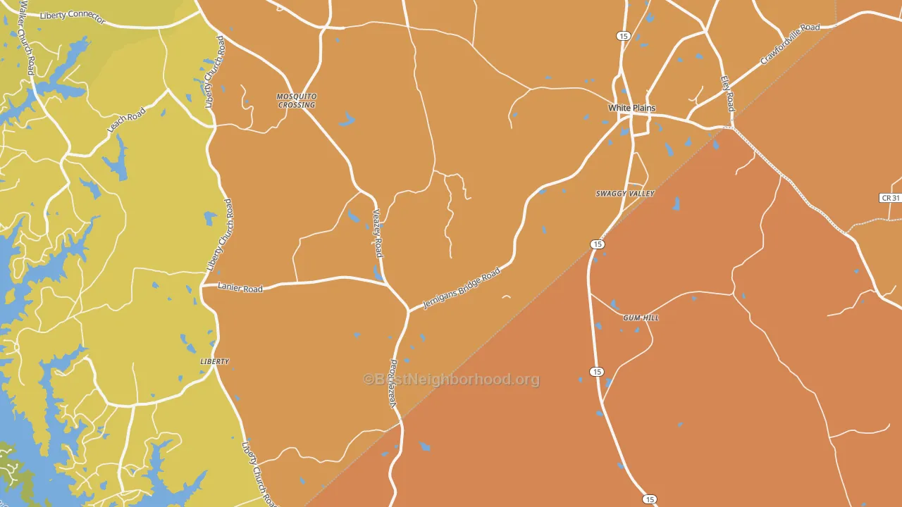 Map of the best neighborhoods in the White Plains area, with better matches in green and worse matches in red