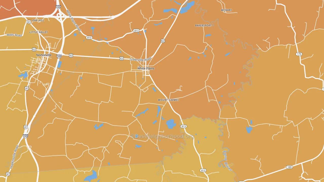 Map of the best neighborhoods in the White Plains area, with better matches in green and worse matches in red