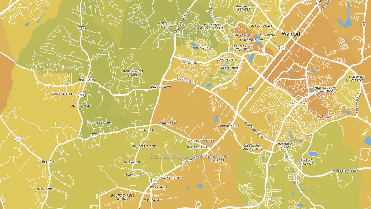 Map of the best neighborhoods in the White Plains area, with better matches in green and worse matches in red