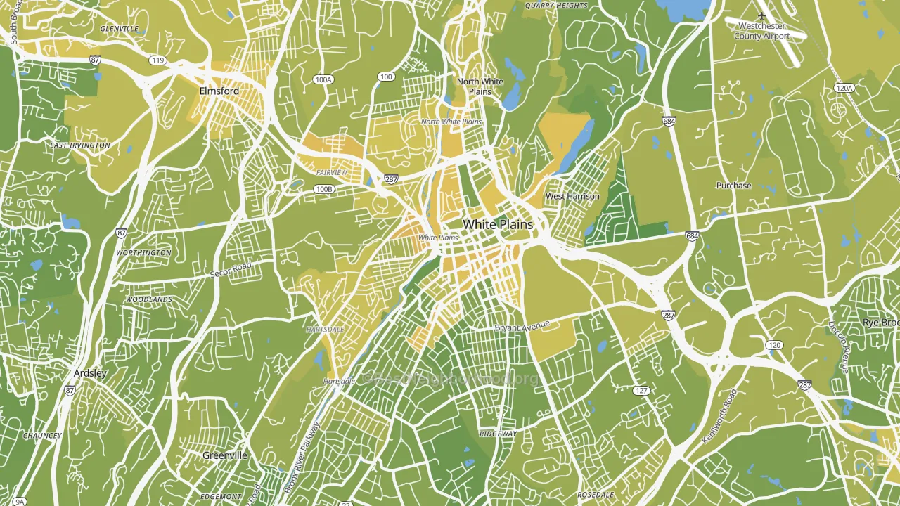 Map of the best neighborhoods in the White Plains area, with better matches in green and worse matches in red