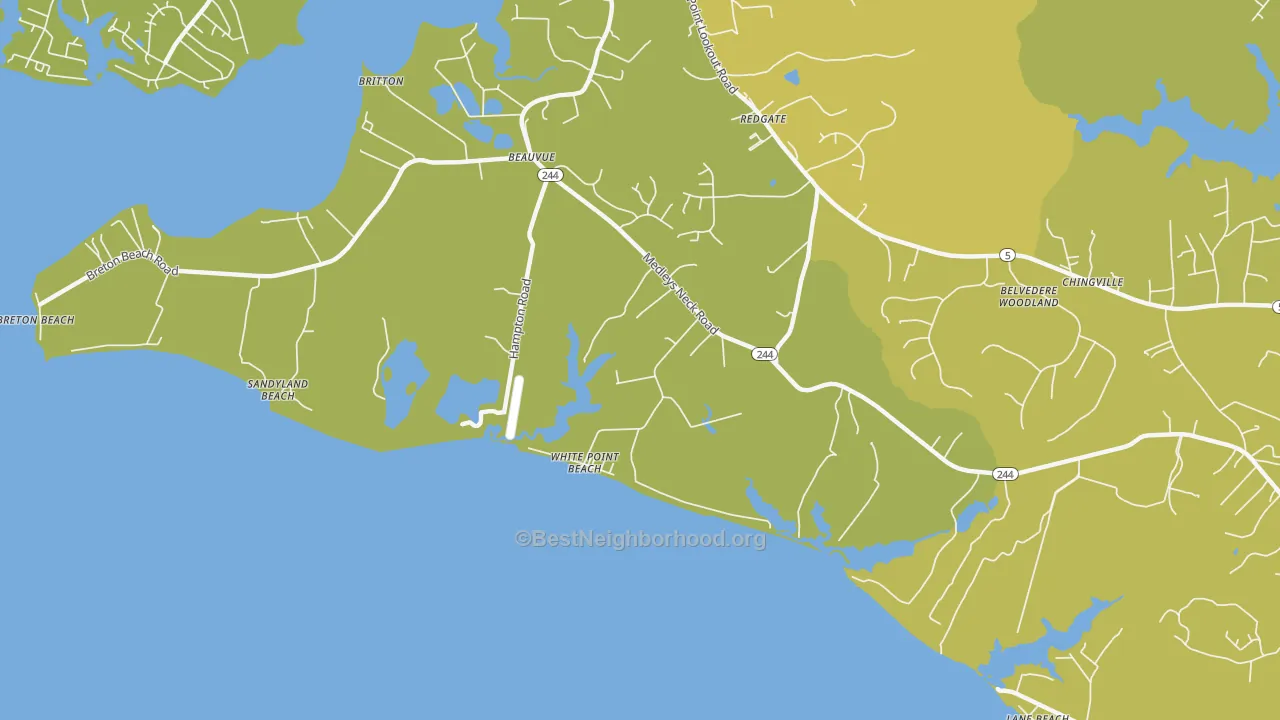 Map of the best neighborhoods in the White Point Beach area, with better matches in green and worse matches in red