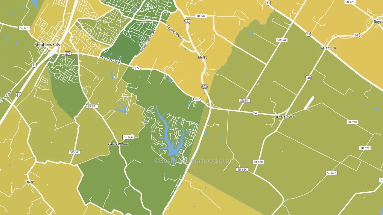 Map of the best neighborhoods in the White Post area, with better matches in green and worse matches in red