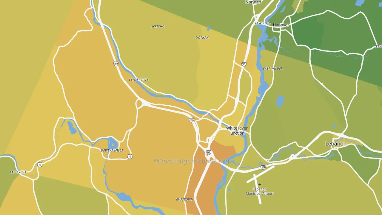 Map of the best neighborhoods in the White River Junction area, with better matches in green and worse matches in red