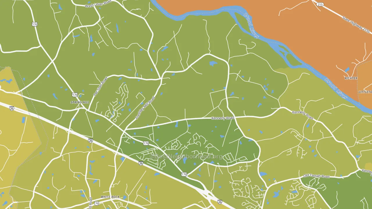 Map of the best neighborhoods in the White Rock area, with better matches in green and worse matches in red