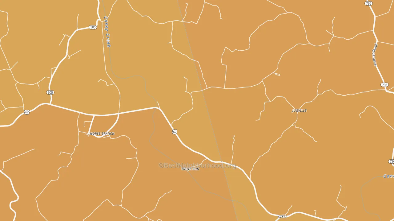 Map of the best neighborhoods in the White Run area, with better matches in green and worse matches in red