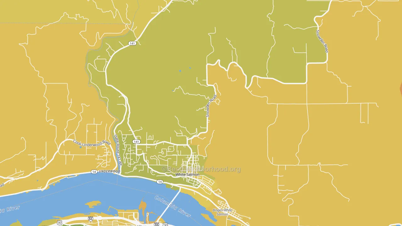 Map of the best neighborhoods in the White Salmon area, with better matches in green and worse matches in red