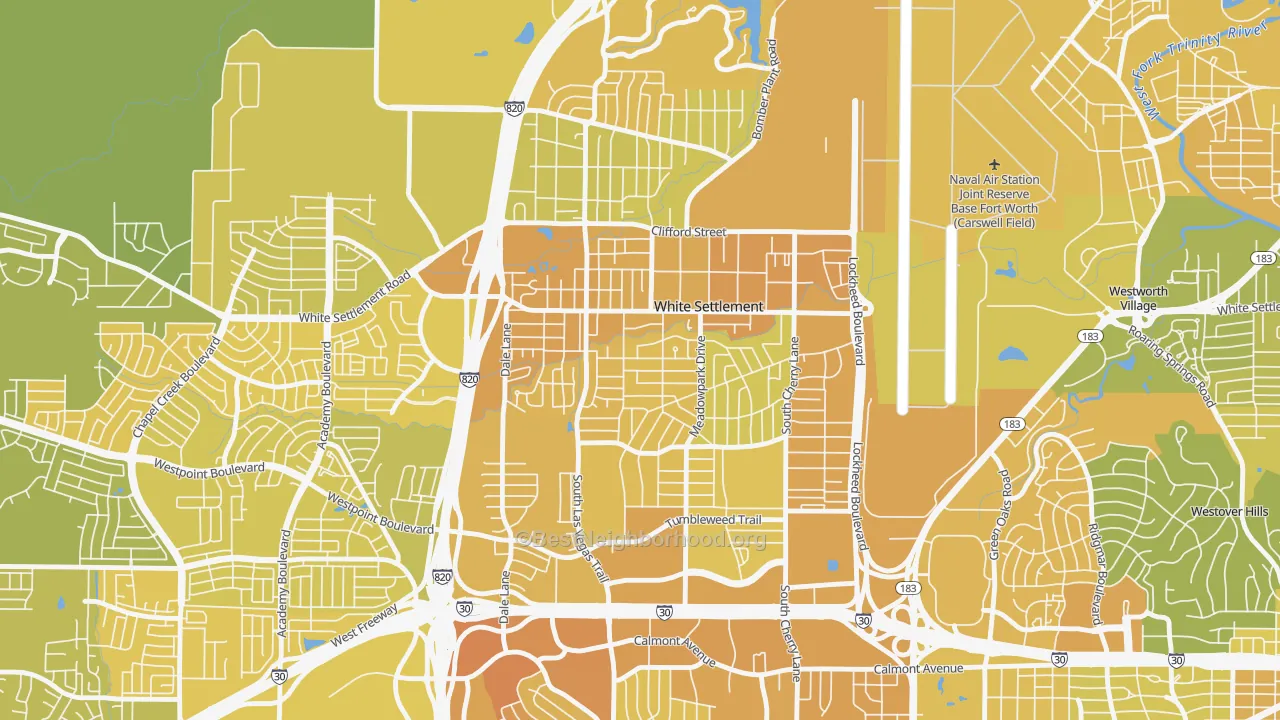 Map of the best neighborhoods in the White Settlement area, with better matches in green and worse matches in red
