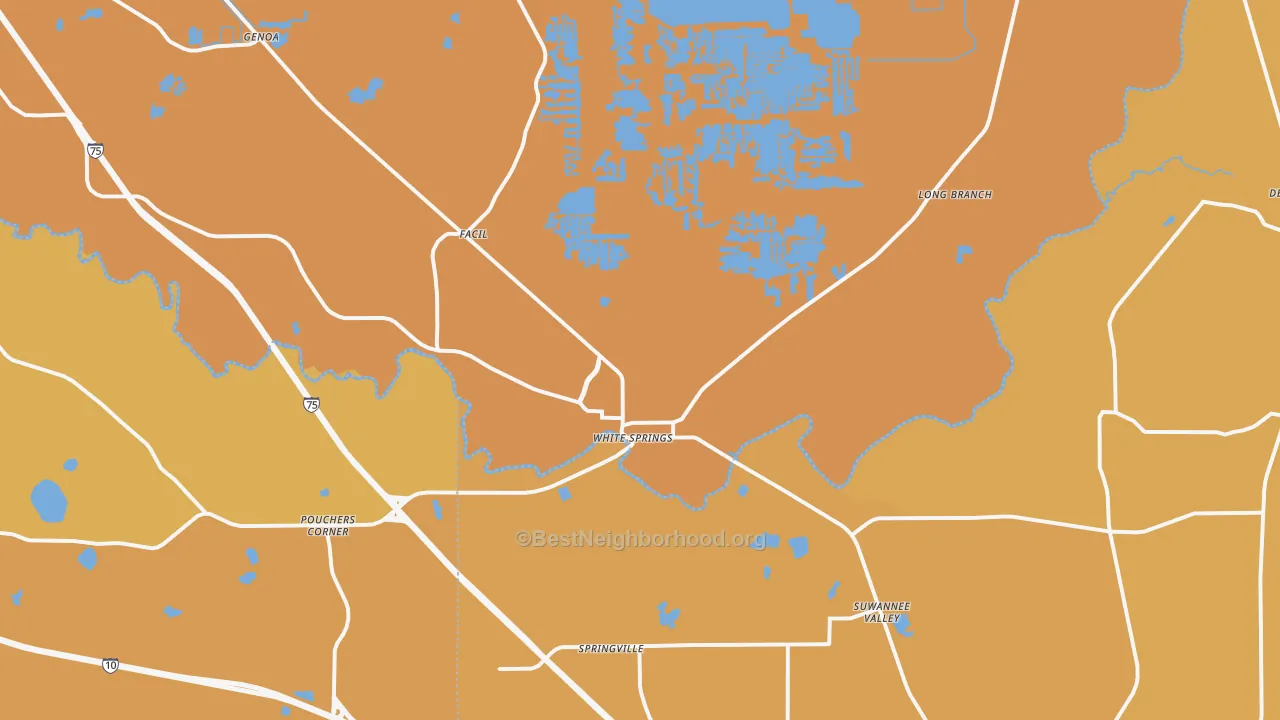 Map of the best neighborhoods in the White Springs area, with better matches in green and worse matches in red