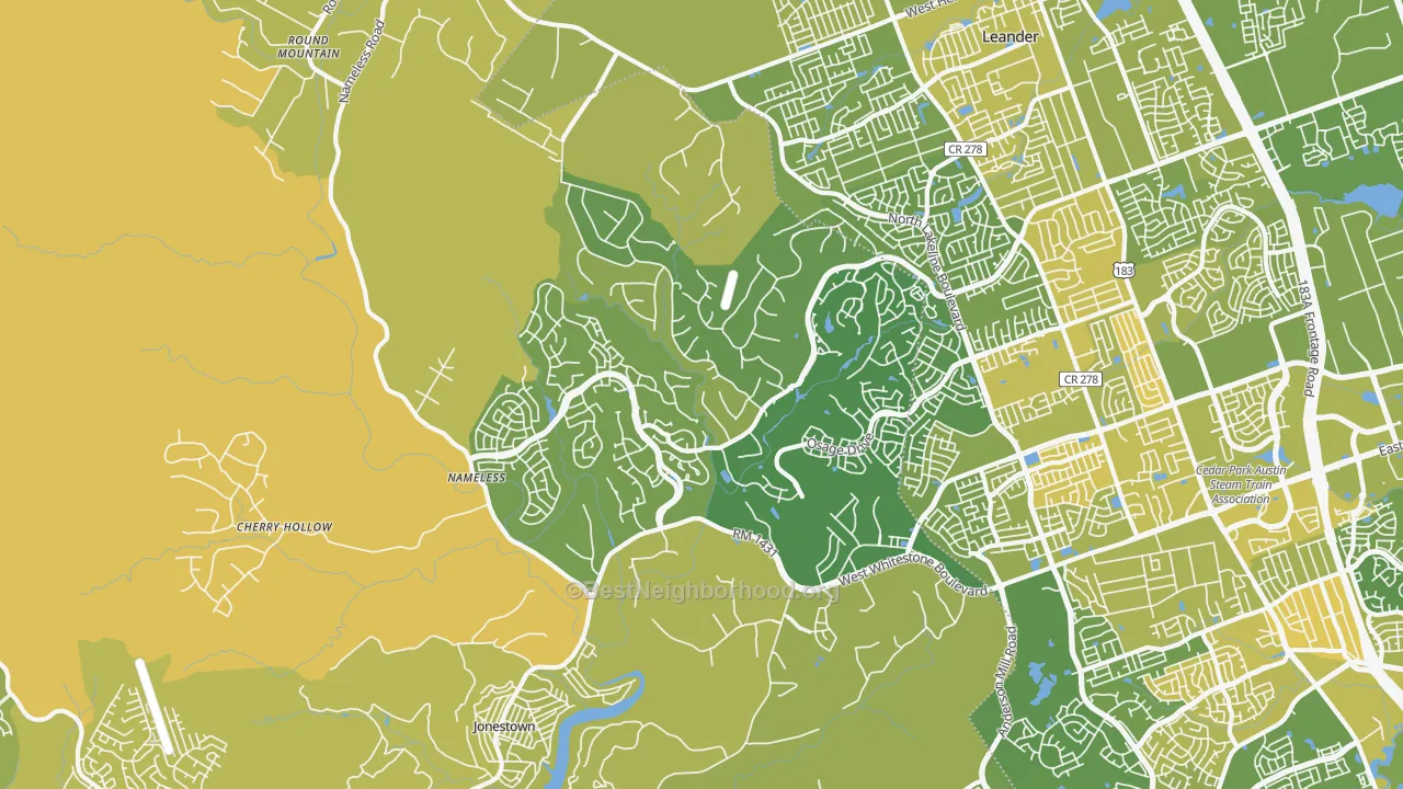 Map of the best neighborhoods in the White Stone area, with better matches in green and worse matches in red