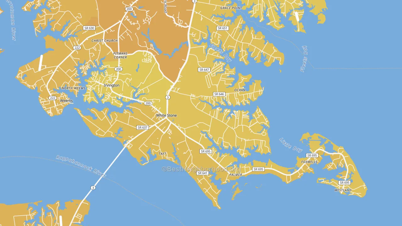 Map of the best neighborhoods in the White Stone area, with better matches in green and worse matches in red