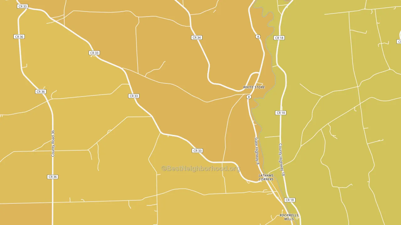 Map of the best neighborhoods in the White Store area, with better matches in green and worse matches in red