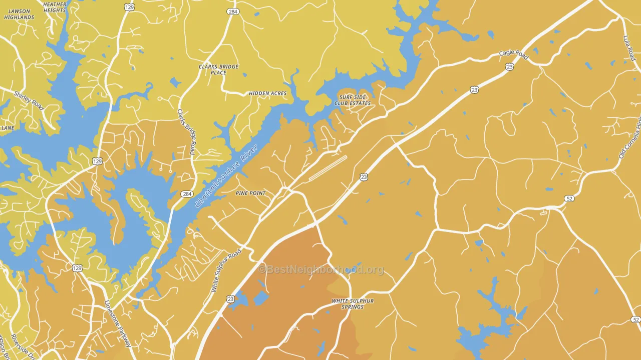 Map of the best neighborhoods in the White Sulphur area, with better matches in green and worse matches in red