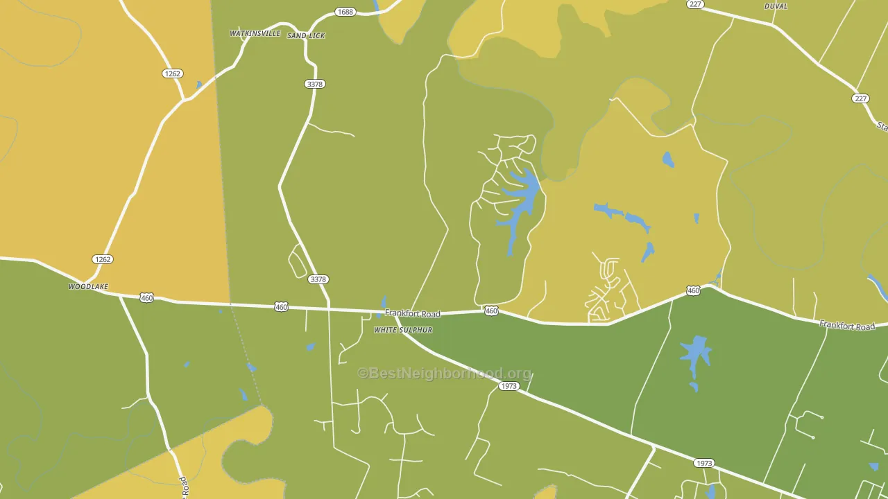 Map of the best neighborhoods in the White Sulphur area, with better matches in green and worse matches in red