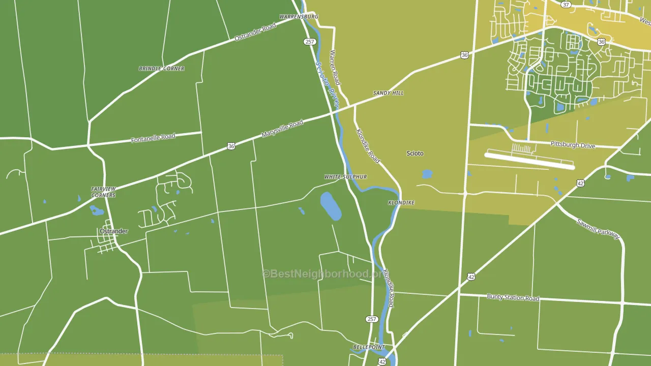 Map of the best neighborhoods in the White Sulphur area, with better matches in green and worse matches in red