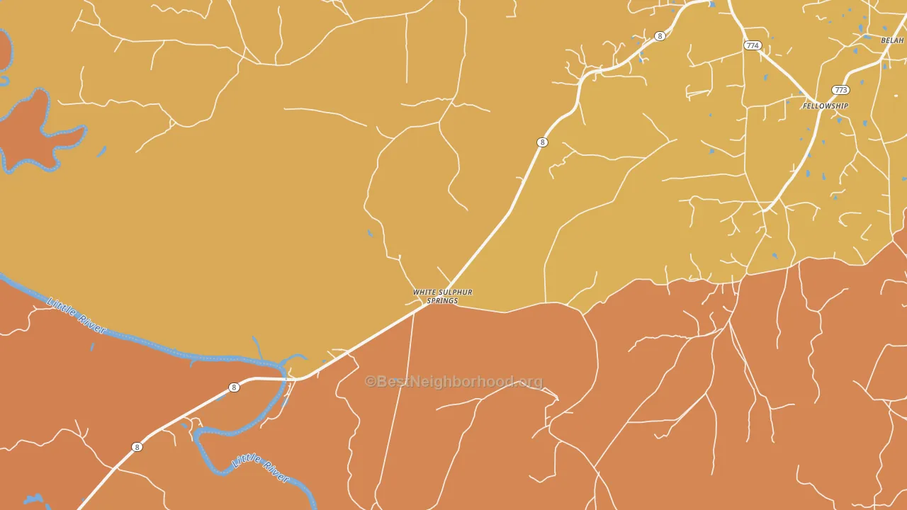 Map of the best neighborhoods in the White Sulphur Springs area, with better matches in green and worse matches in red