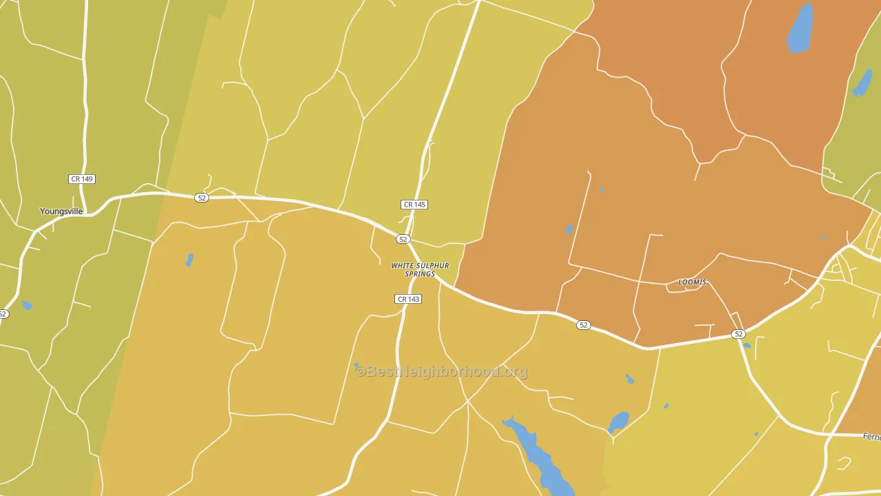 Map of the best neighborhoods in the White Sulphur Springs area, with better matches in green and worse matches in red