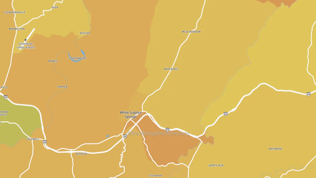 Map of the best neighborhoods in the White Sulphur Springs area, with better matches in green and worse matches in red