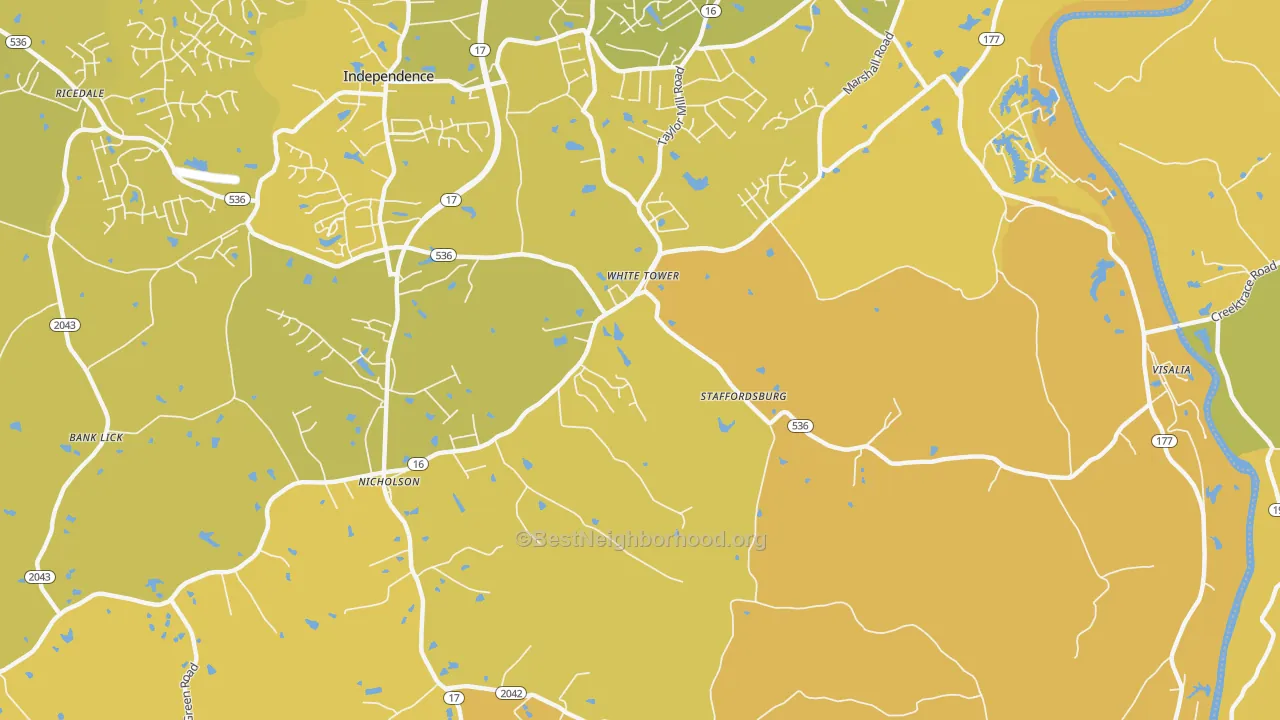 Map of the best neighborhoods in the White Tower area, with better matches in green and worse matches in red
