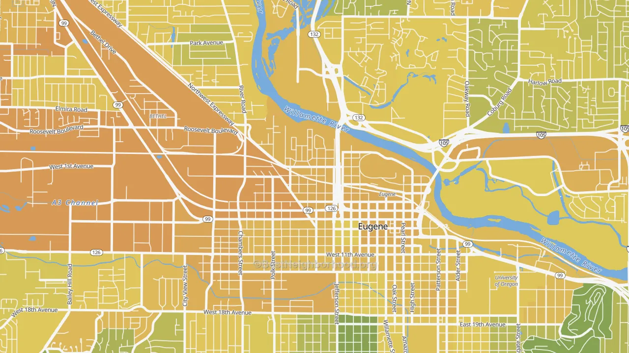 Map of the best neighborhoods in the Whiteaker, Eugene area, with better matches in green and worse matches in red