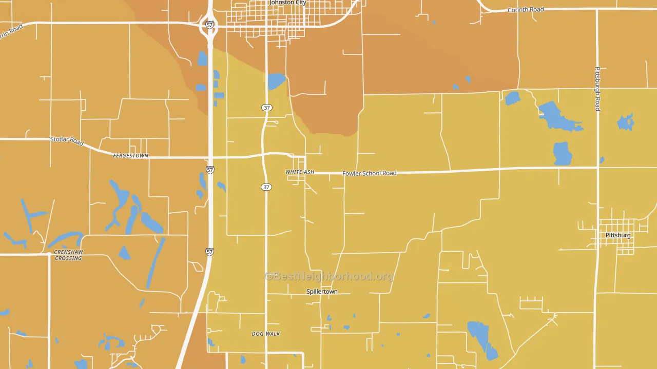 Map of the best neighborhoods in the Whiteash area, with better matches in green and worse matches in red