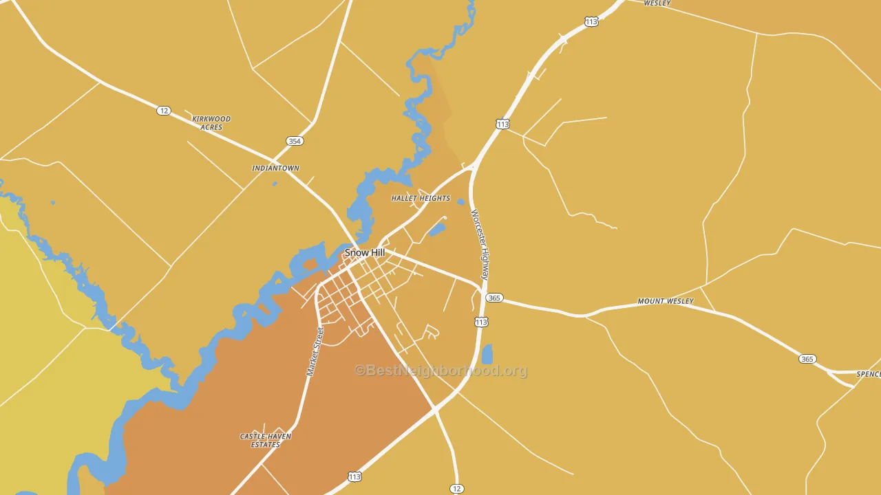 Map of the best neighborhoods in the Whiteburg area, with better matches in green and worse matches in red