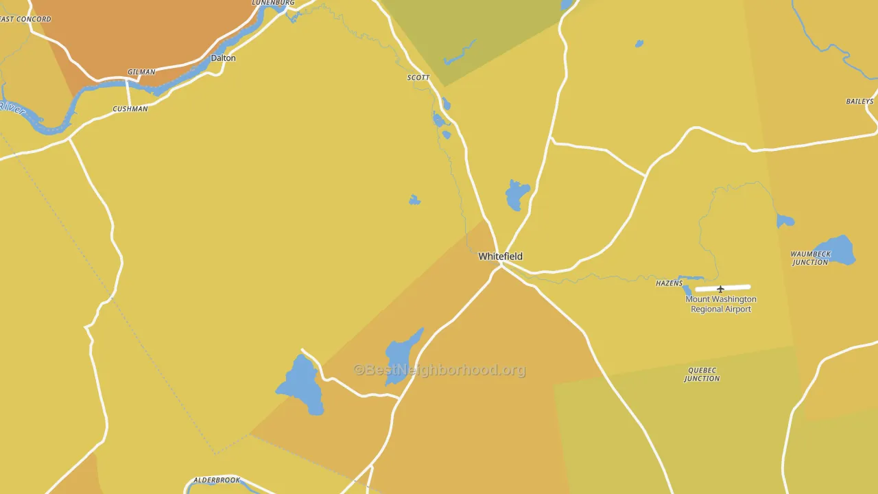 Map of the best neighborhoods in the Whitefield area, with better matches in green and worse matches in red