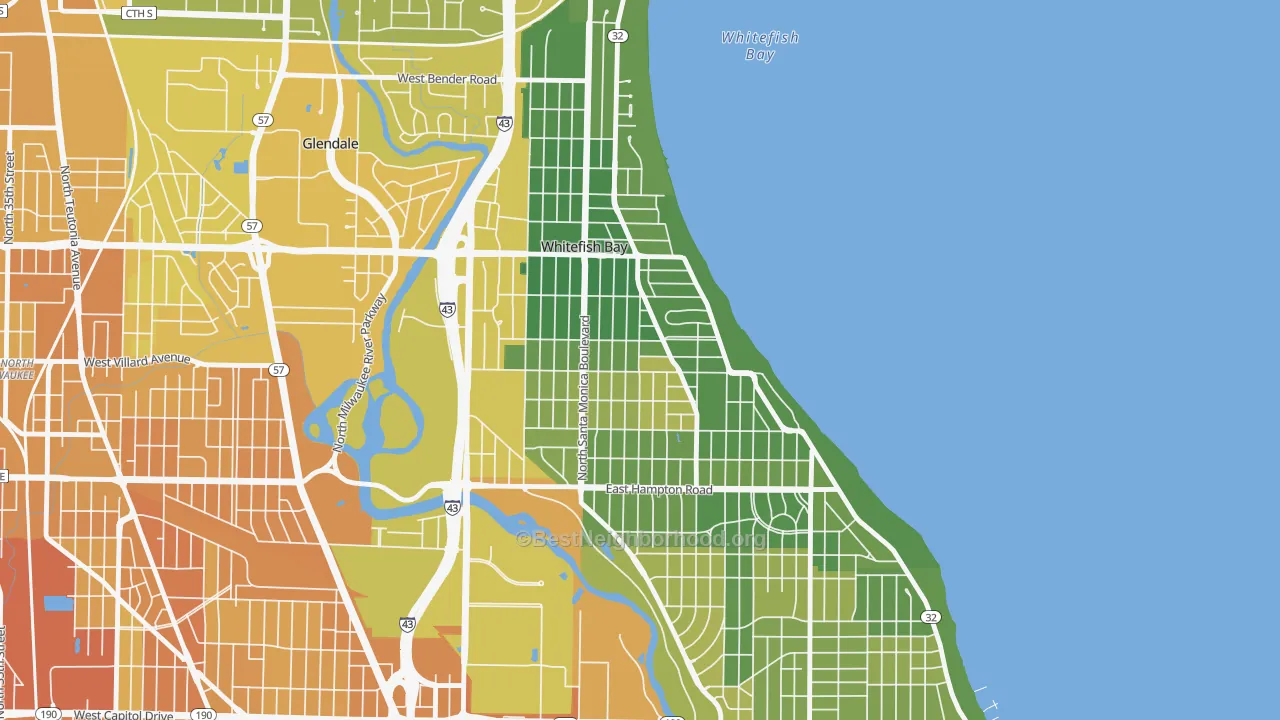 Map of the best neighborhoods in the Whitefish Bay area, with better matches in green and worse matches in red