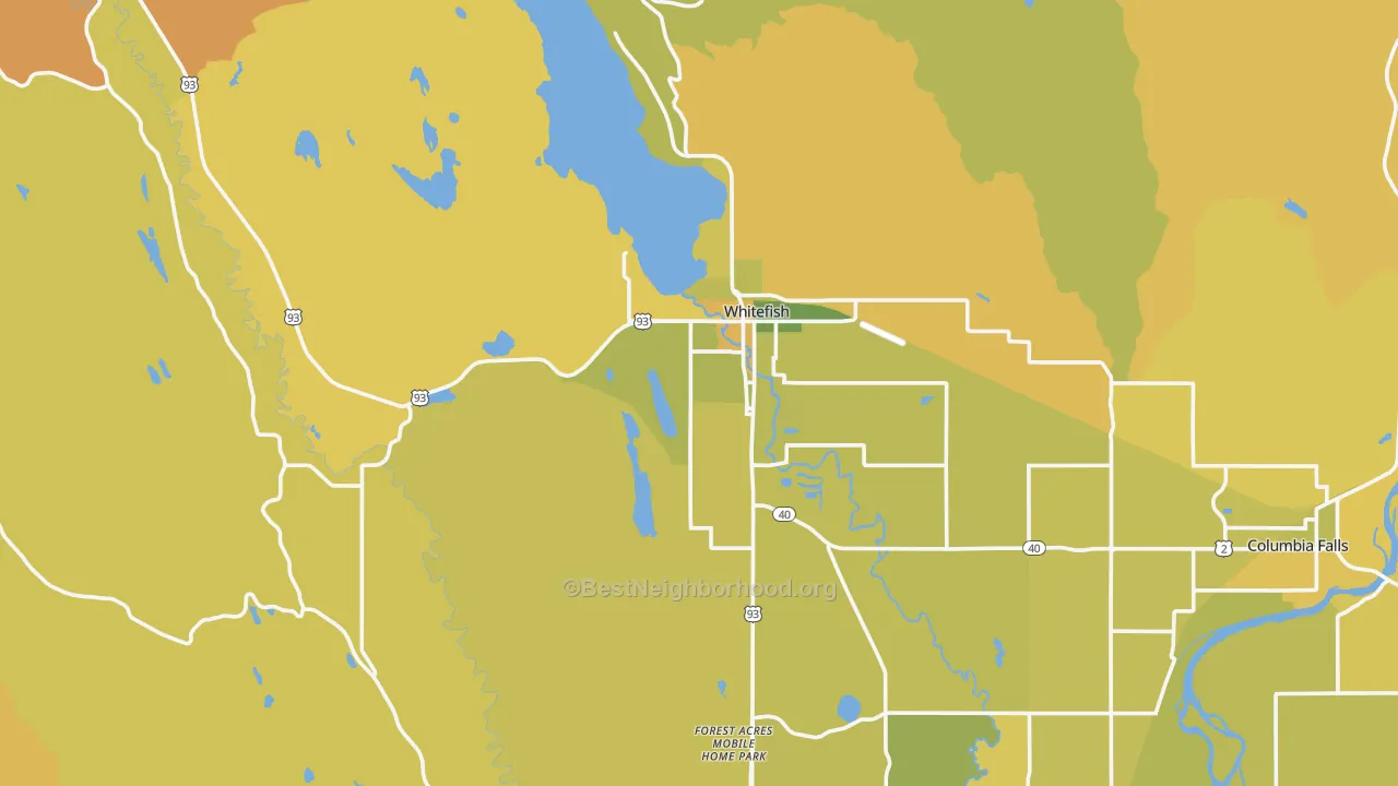 Map of the best neighborhoods in the Whitefish area, with better matches in green and worse matches in red