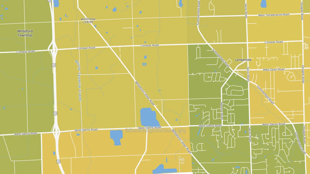 Map of the best neighborhoods in the Whiteford Center area, with better matches in green and worse matches in red
