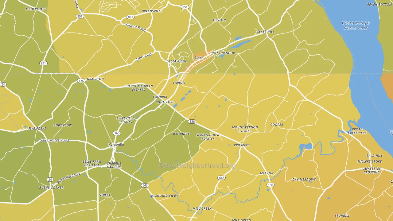 Map of the best neighborhoods in the Whiteford area, with better matches in green and worse matches in red