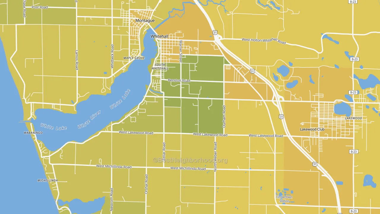 Map of the best neighborhoods in the Whitehall area, with better matches in green and worse matches in red