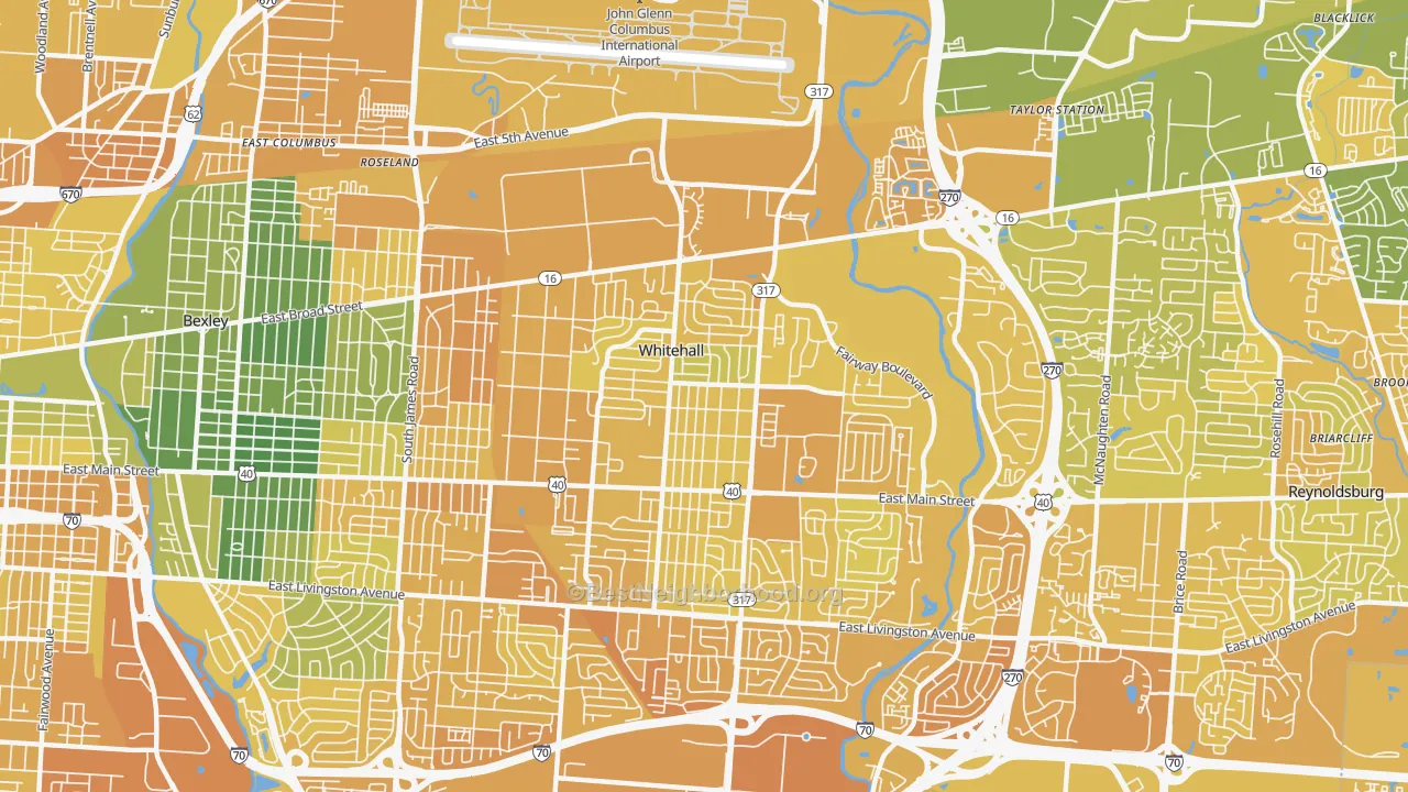 Map of the best neighborhoods in the Whitehall area, with better matches in green and worse matches in red