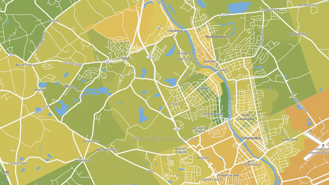 Map of the best neighborhoods in the Whitehall area, with better matches in green and worse matches in red