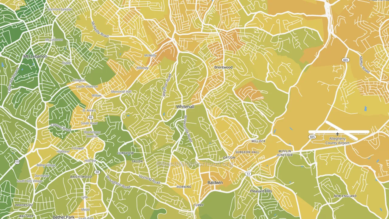 Map of the best neighborhoods in the whitehall, Pittsburgh area, with better matches in green and worse matches in red