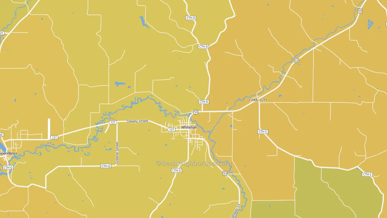 Map of the best neighborhoods in the Whitehall area, with better matches in green and worse matches in red