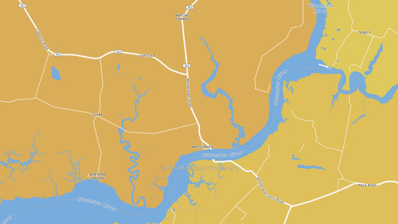 Map of the best neighborhoods in the Whitehaven area, with better matches in green and worse matches in red