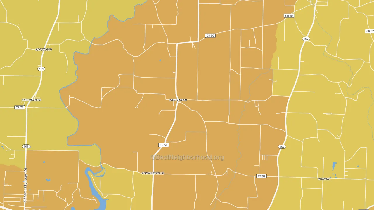 Map of the best neighborhoods in the Whitehead area, with better matches in green and worse matches in red