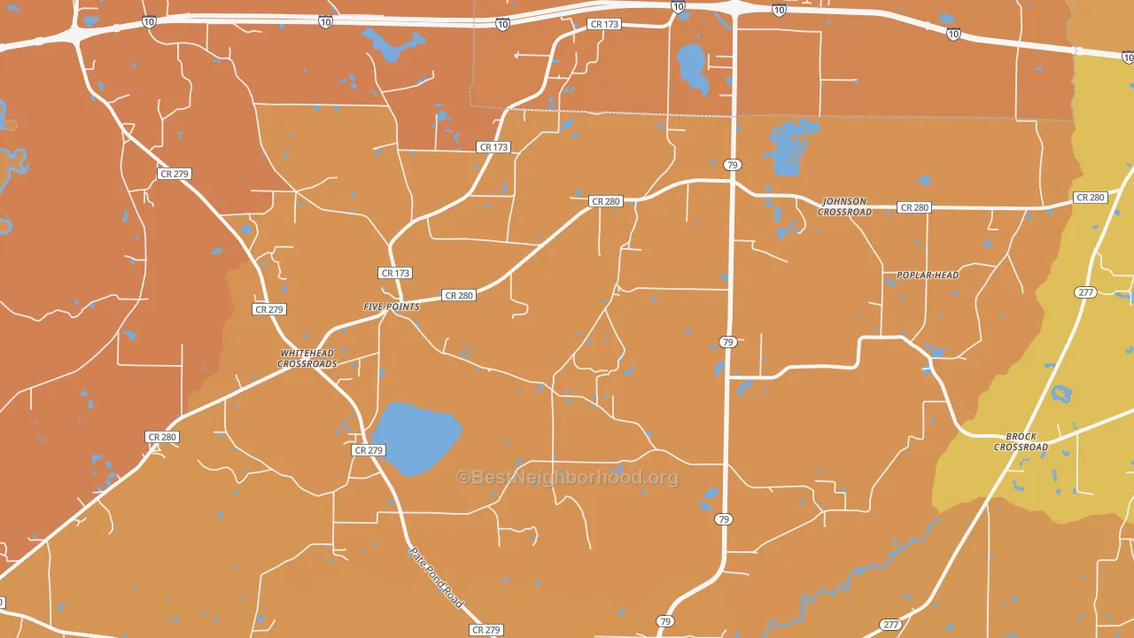 Map of the best neighborhoods in the Whitehead Crossroads area, with better matches in green and worse matches in red
