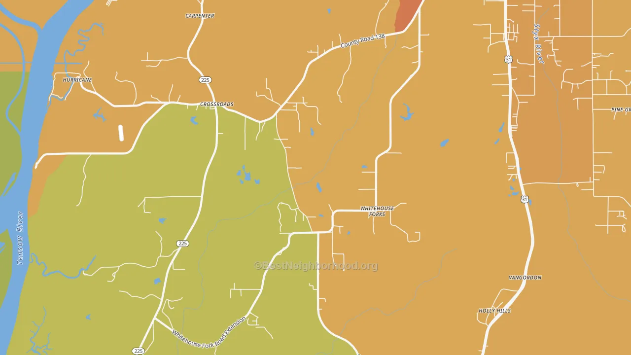 Map of the best neighborhoods in the Whitehouse Forks area, with better matches in green and worse matches in red