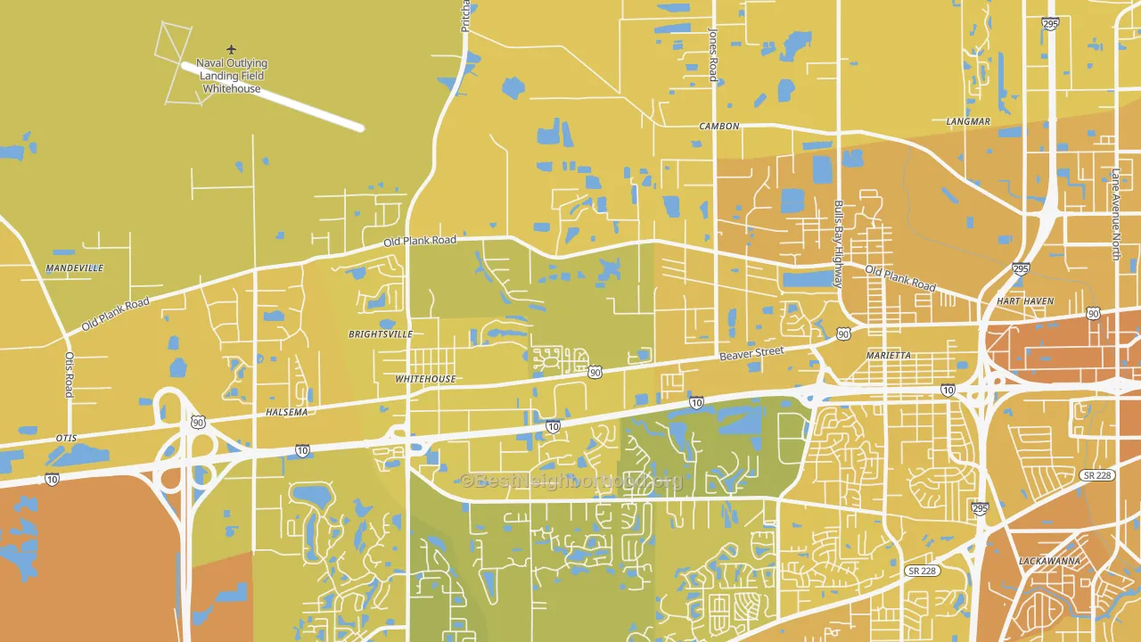 Map of the best neighborhoods in the Whitehouse, Jacksonville area, with better matches in green and worse matches in red