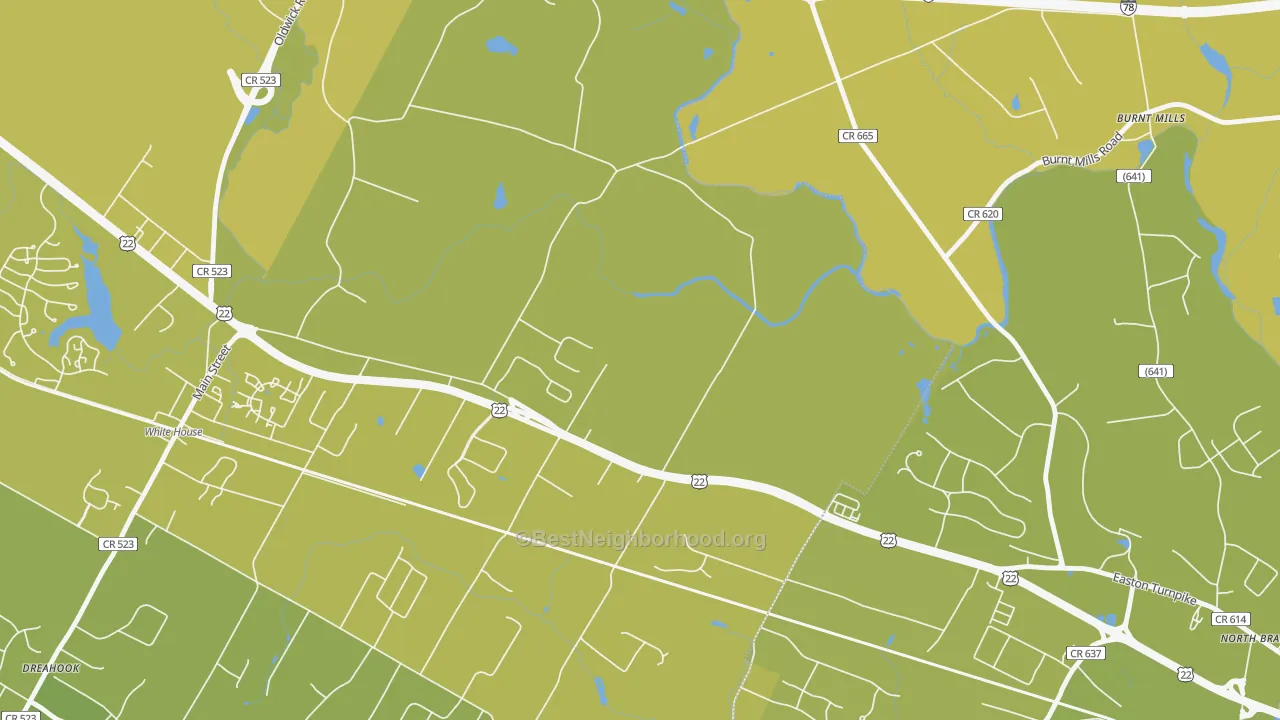 Map of the best neighborhoods in the Whitehouse area, with better matches in green and worse matches in red
